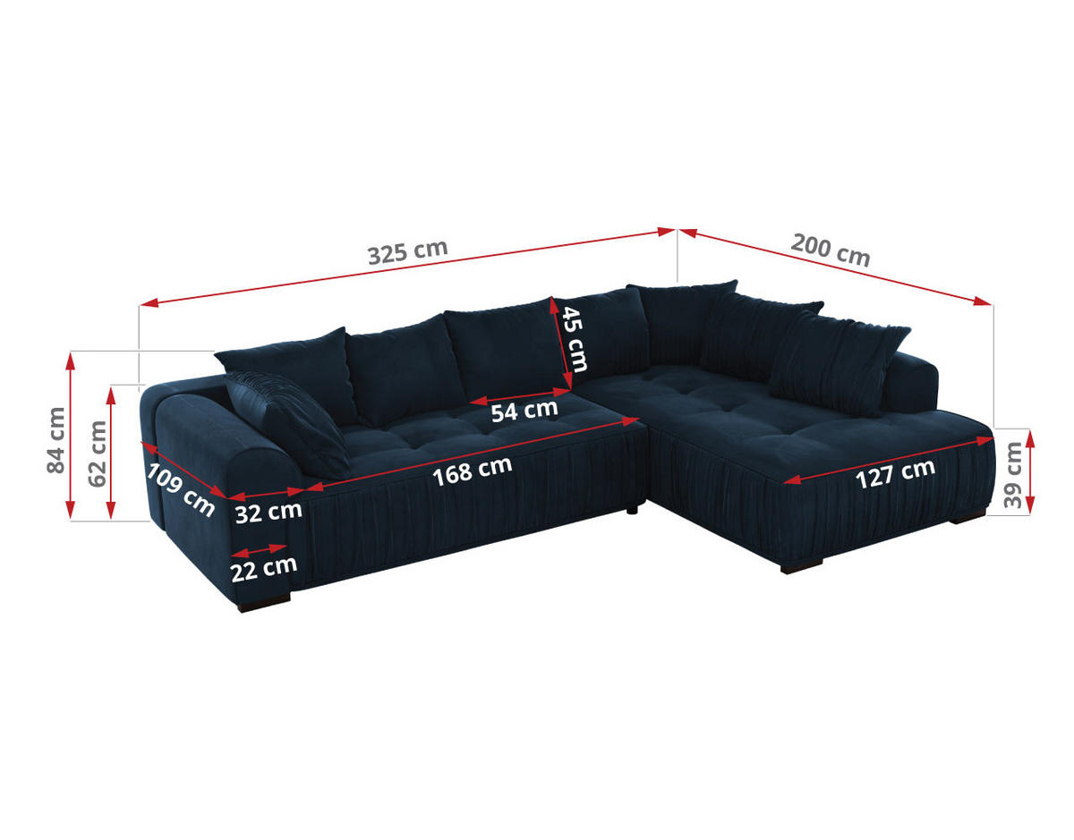 ECKSOFA ORTA Dunkelblau Velvet - Links - Blau/Schwarz, Textil (325/200cm) - MKS