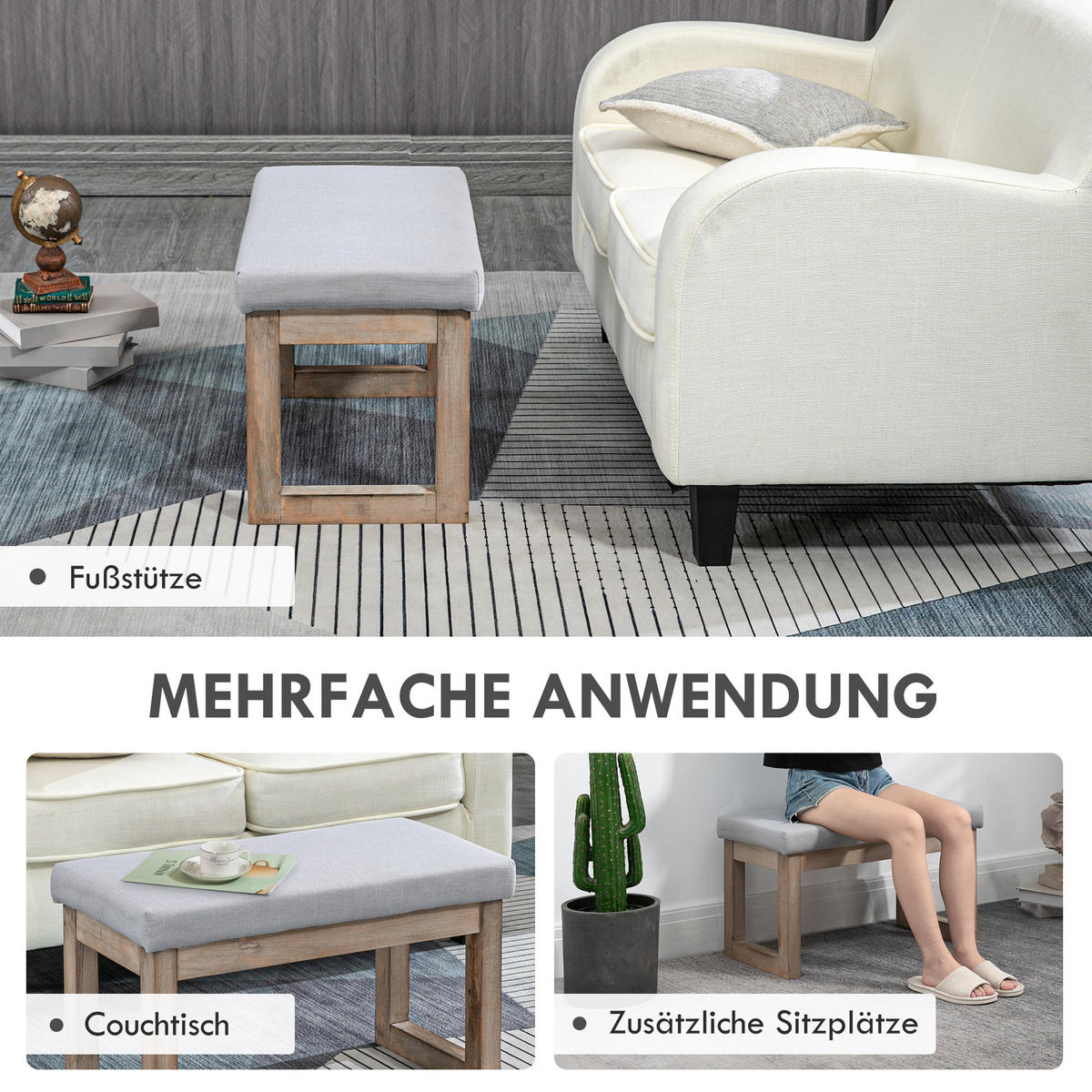 FUSSBANK, Fußhocker, Polsterhocker, Grau - Grau, Kunststoff (38/42/68cm) - HOMCOM