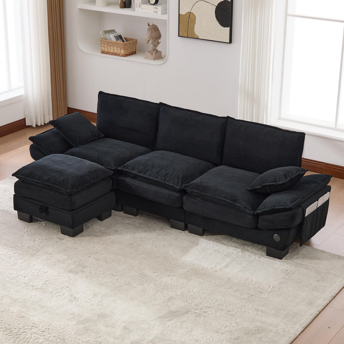 SOFA modulares 3-Sitzer mit Hocker 260 x 132 cm Corduroy Schwarz - Schwarz, Kunststoff (132/260.1cm) - Meubliv