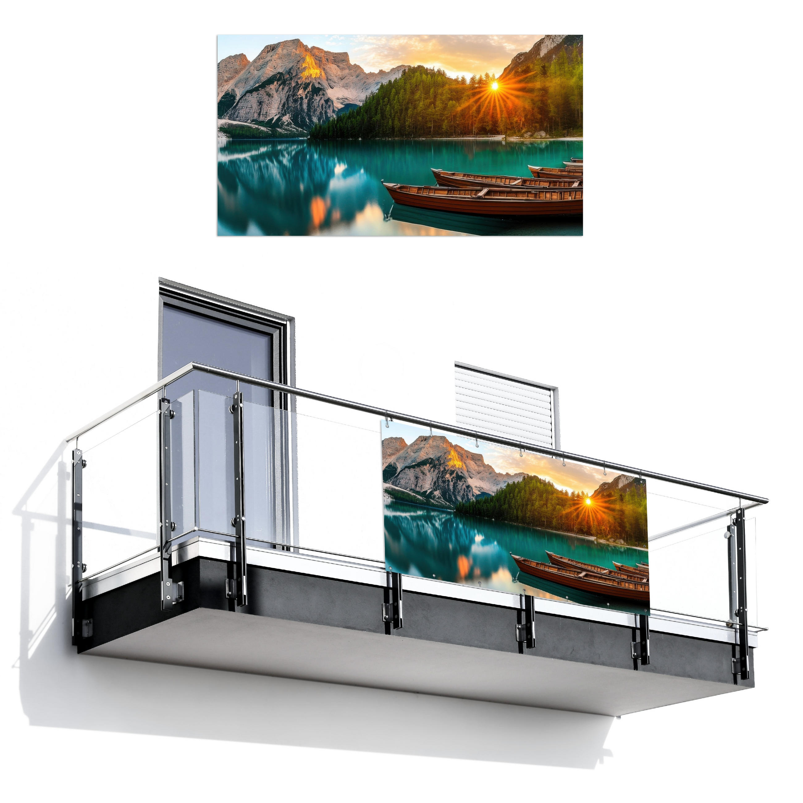 BALKON-SICHTSCHUTZ See - Berge - Sonnenuntergang - Boot - Petrol, Kunststoff (200/110cm) - MuchoWow