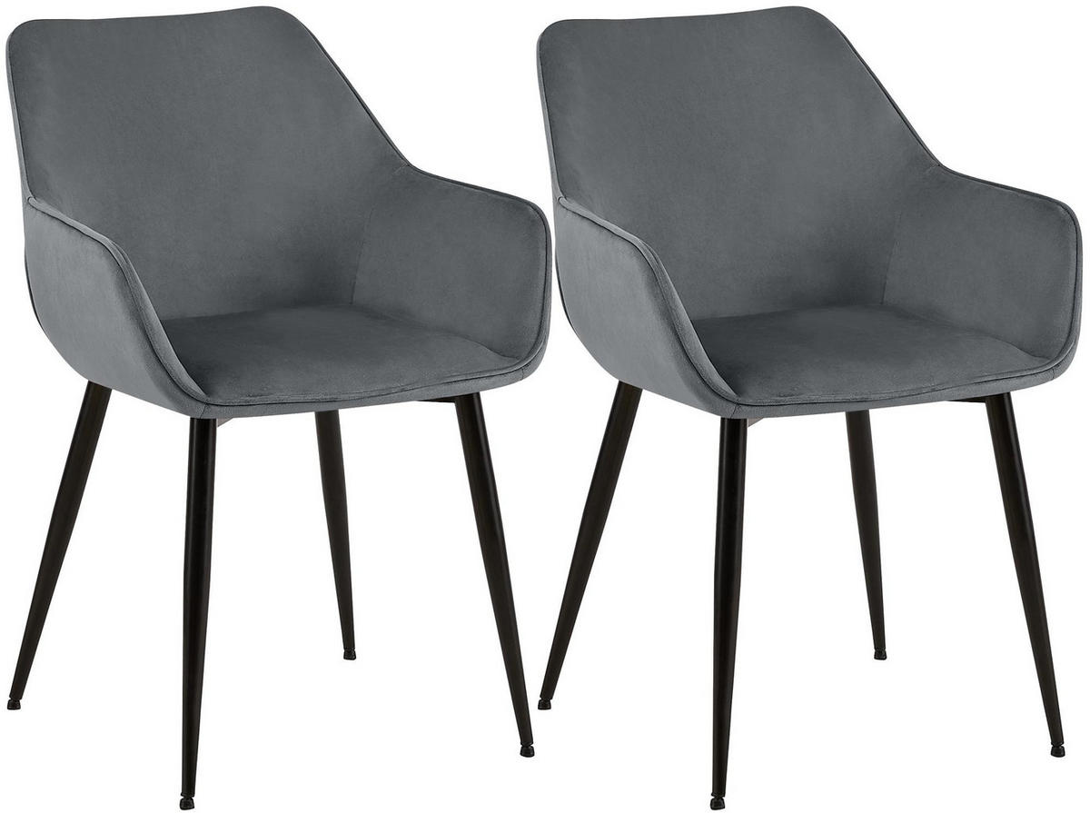 ARMLEHNENSTUHL 2er Set Samt Dunkelgrau - Dunkelgrau/Schwarz, Textil/Metall (52/82/63cm) - CLP