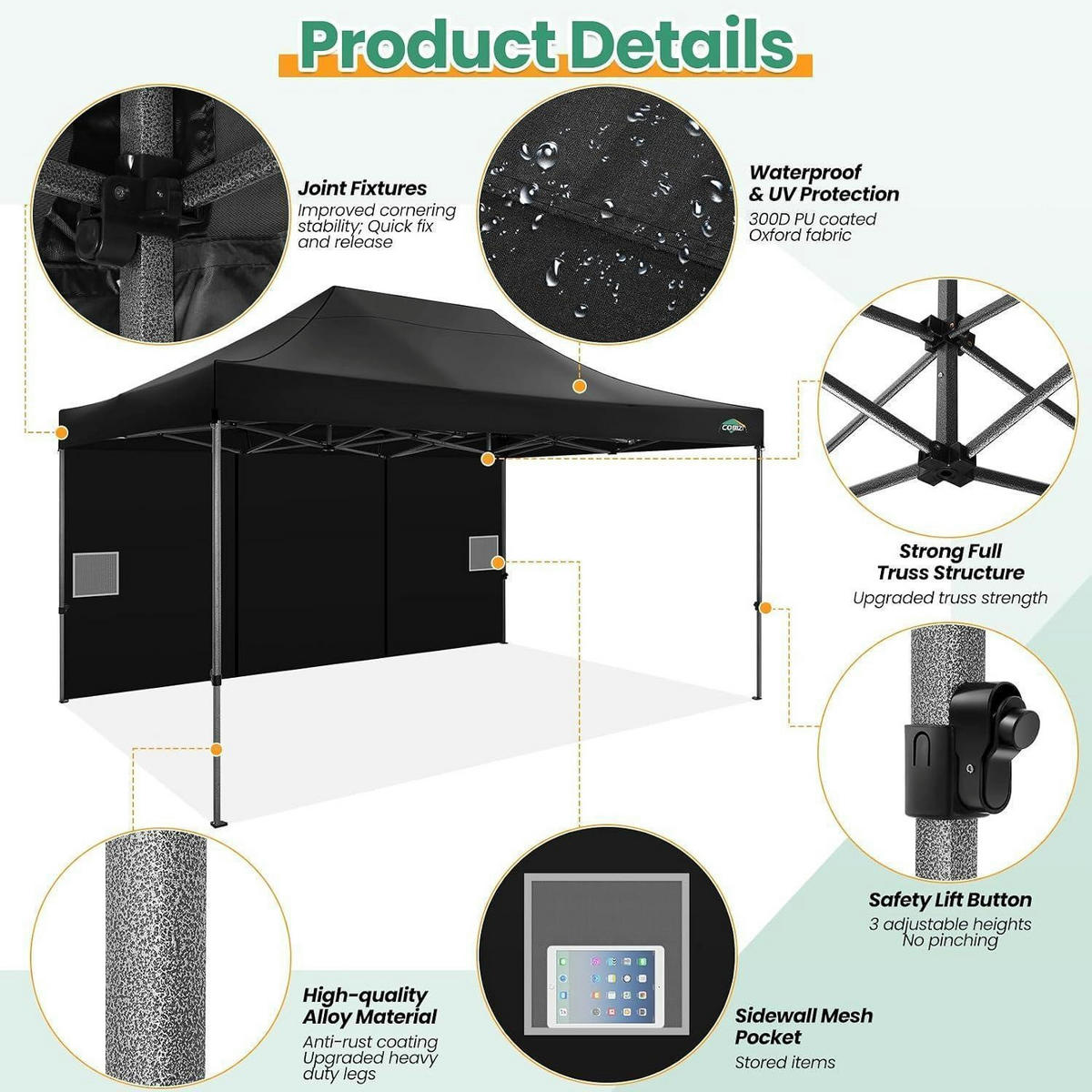 FALTPAVILLON 3x4,5m Schwarz mit 4 Seitenteilen - Schwarz, Textil (300/320/450cm)