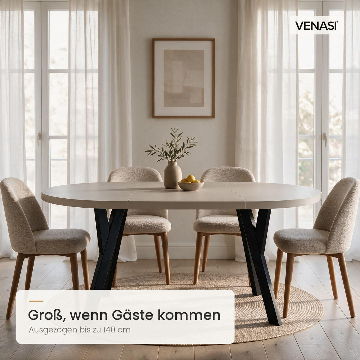 ESSTISCH ausziehbar rund 100-140 cm ATO Kaschmir, Auszugstisch mit Einlegeplatte - Kaschmir/Schwarz, Holzwerkstoff (100/100/77cm) - VENASI MÖBEL