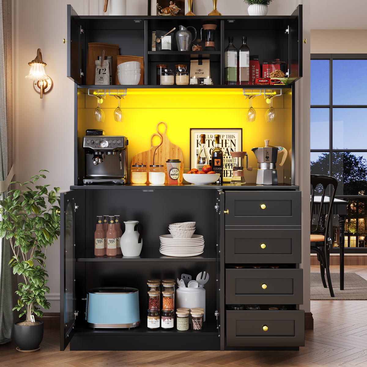 BUFFETSCHRANK Kombi Schwarz 120/40/188 cm - Schwarz, Holz (120/188/40cm) - PANGIVO