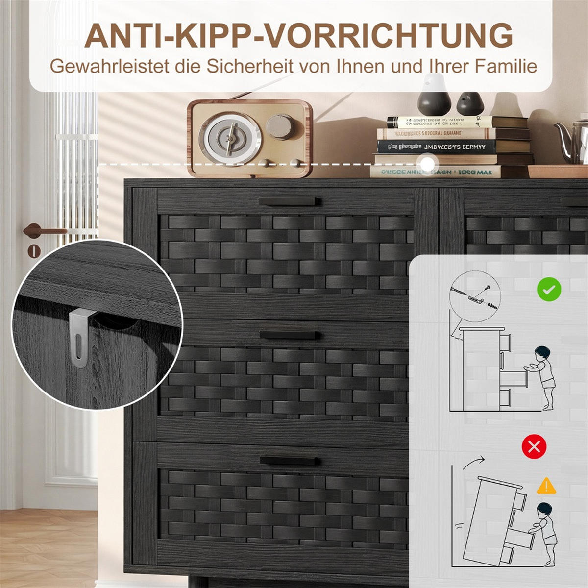 KOMMODE mit 6 Schubladen - elegante Geflecht-Optik und runde Holzbeine - Schwarz - Schwarz, Holzwerkstoff (115/80/40cm) - DELFA