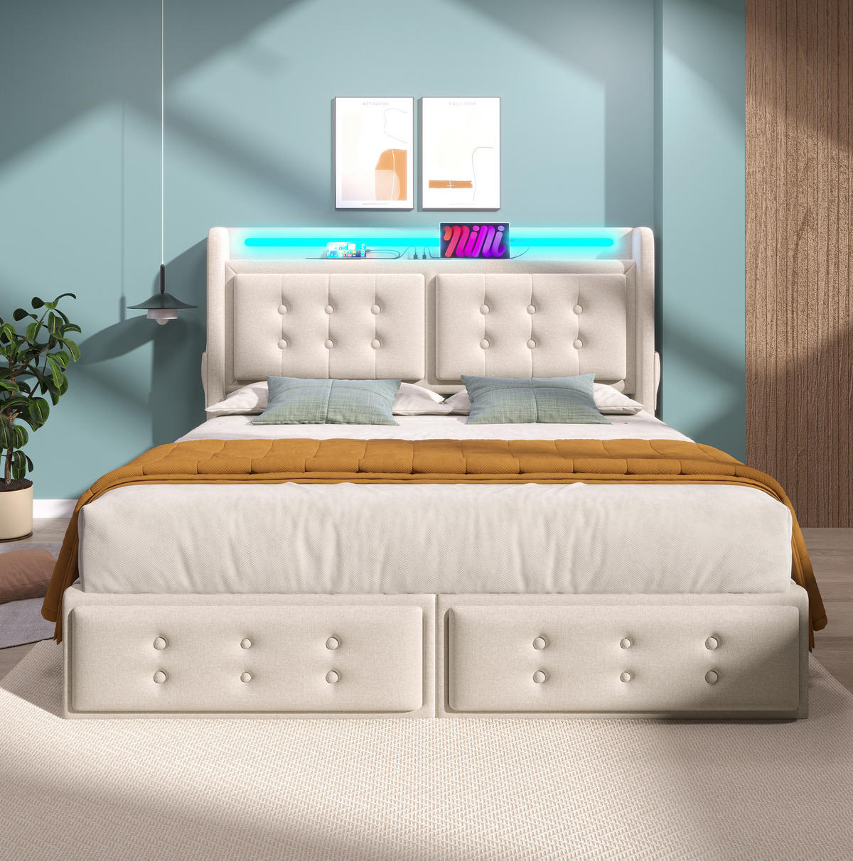 POLSTERBETT mit Matratze 160/200 cm mit LED, USB-C, Steckdosen, 4 Schubladen und Matratze, Baumwoll-Leinen, Beige - Beige, Textil (160/200cm) - Redom
