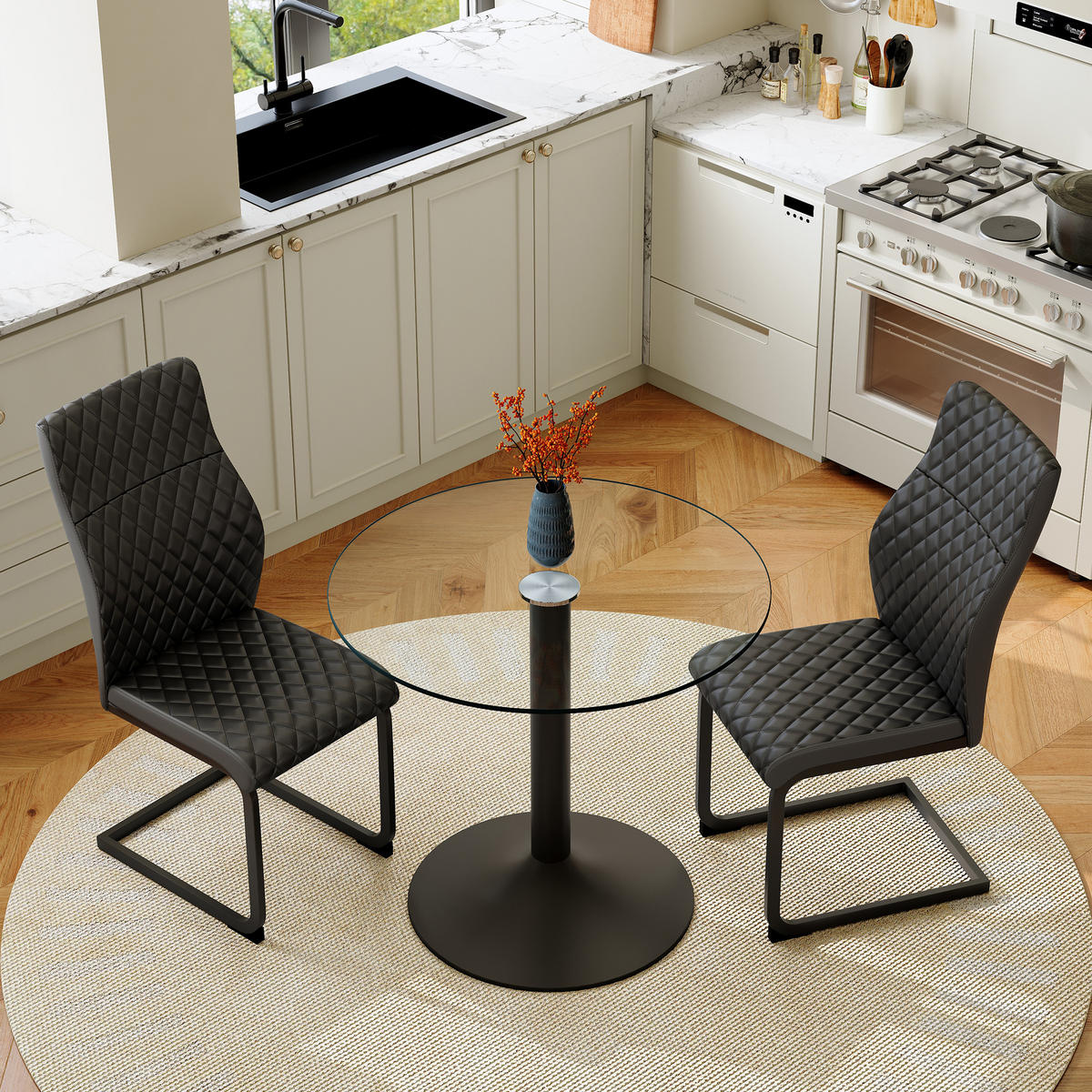ESSGRUPPE DE-39485 3-teilig, Glastisch und 2 Stühlen mit hoher Rückenlehne Schwarz - Schwarz, Metall (85/75/85cm) - ComfortXL