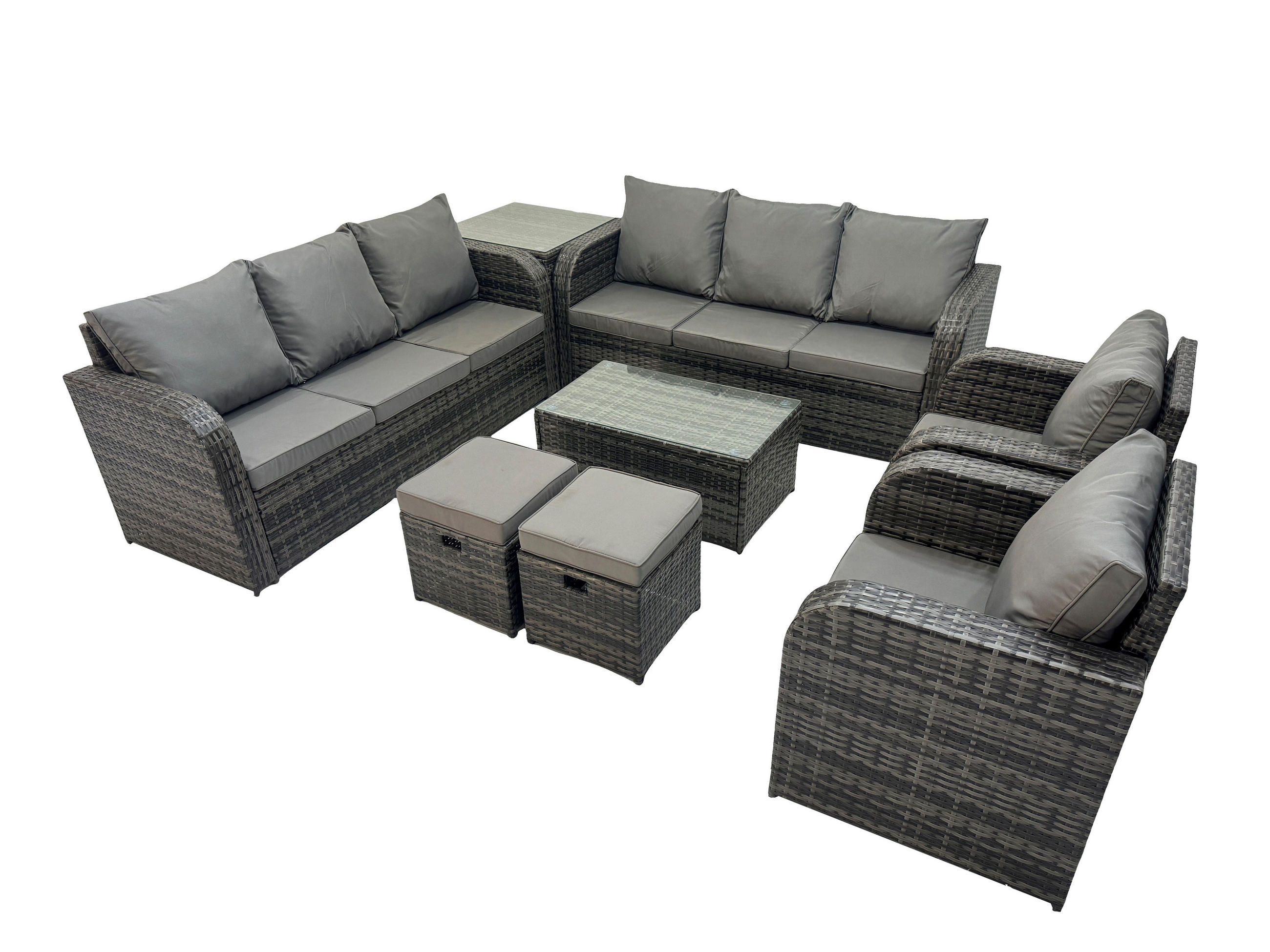 GARTENMÖBEL-SET mit Kissen Polyrattan Dunkelgrau 10-Sitzer - Dunkelgrau/Grau, Glas/Kunststoff - Fimous