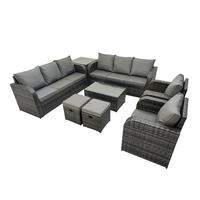 GARTENMÖBEL-SET mit Kissen Polyrattan Dunkelgrau 10-Sitzer - Dunkelgrau/Grau, Glas/Kunststoff - Fimous