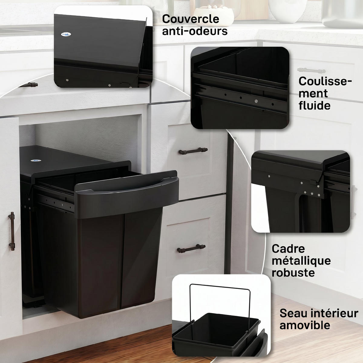 MÜLLEIMER 2x20L Mülltrennsystem Ausziehbar Softclose Schwarz 52/33,5/41 cm - Schwarz, Metall (33.5/41/52cm) - Rolipo