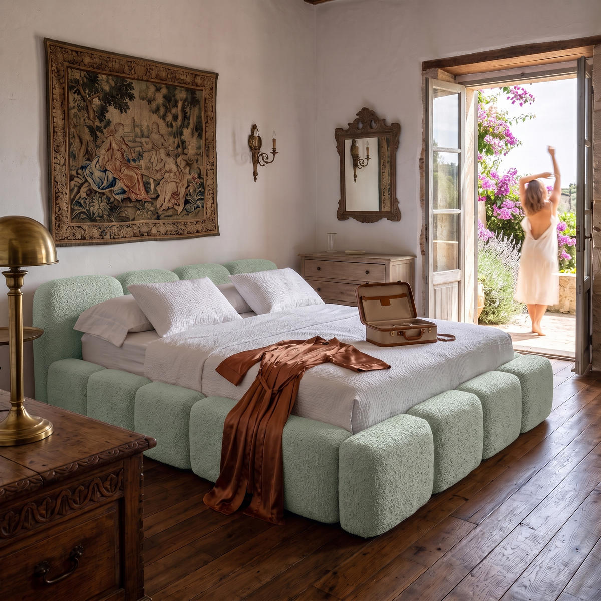 POLSTERBETT SUENO 180x200 cm in Mintgrün, gepolstertes Kopfteil, Metalllattenrost, Bettkasten, Bouclé-Stoff - Naturfarben/Mintgrün, Holz/Textil (180/200cm) - Muffo