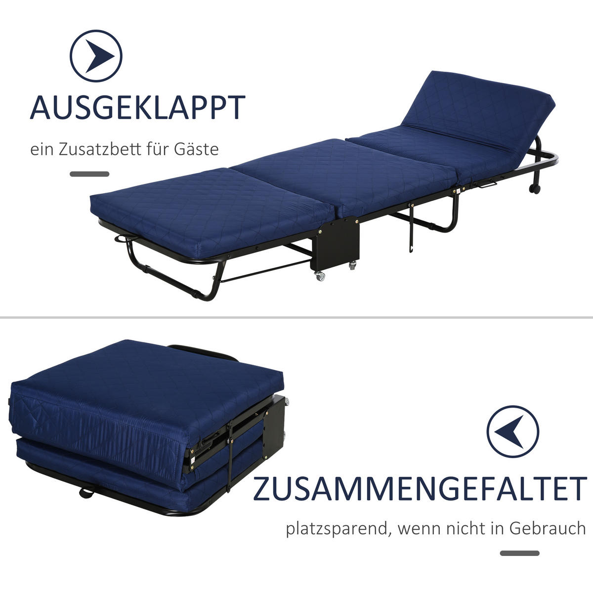 GÄSTEBETT klappbar 2-in-1 Klappbett Verstellbare Kopfteilhöhe mit Rollen Blau - Blau, Metall - HOMCOM