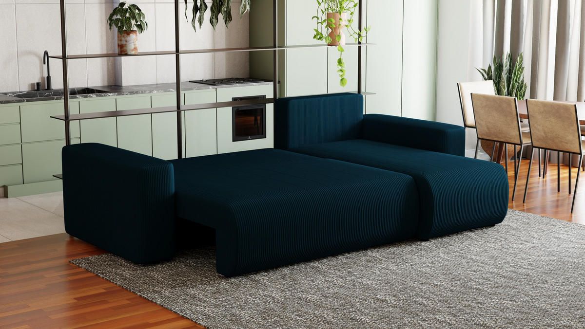 ECKSOFA Travis mit Bettkasten und Schlaffunktion, L-Form, Cord, Universal - Blau, Holzwerkstoff (248/148cm) - 4ALL HOME