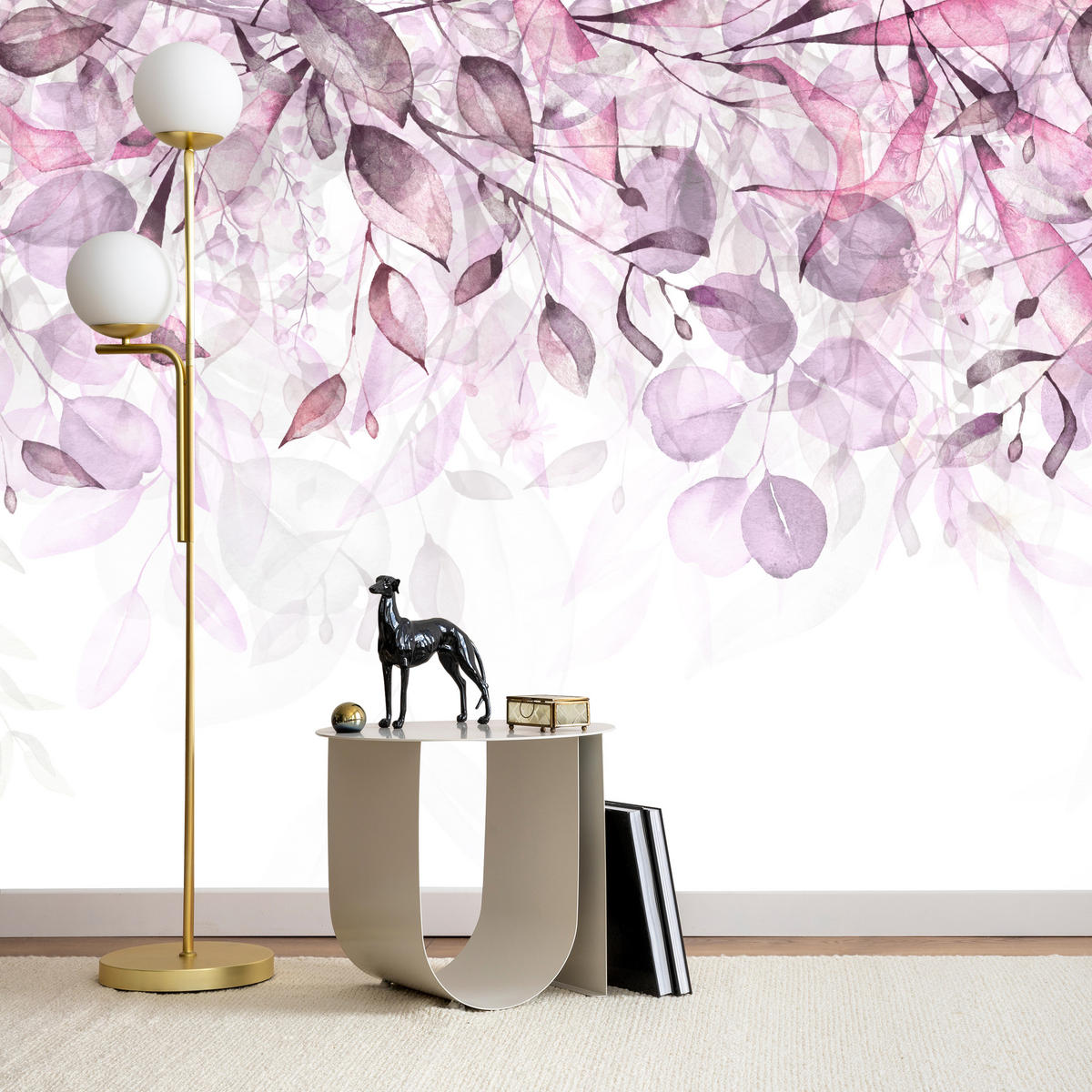 FOTOTAPETE für Schlafzimmer Aquarell Zarte Rosa Blätter Botanisch 450x315 - Violett/Weiß, Papier (450/315cm) - Muralo