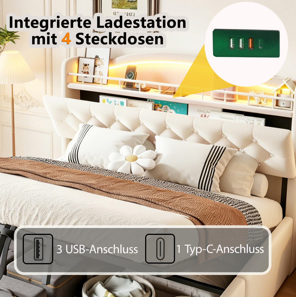 POLSTERBETT 140/200 cm aus Stoff und Metall mit Stauraum, Beige - Beige, Textil (140/200cm) - OKMYHOME