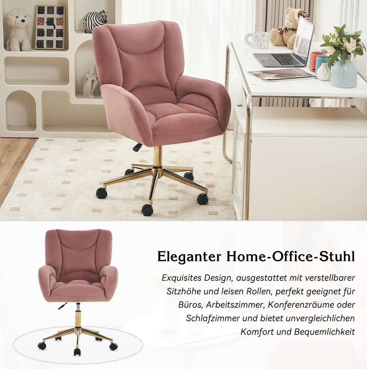 DREHSTUHL Samt höhenverstellbar und 360° drehbar 64/62/92.5 cm Rosa - Rosa, Textil (62/92.5/64cm) - Redom