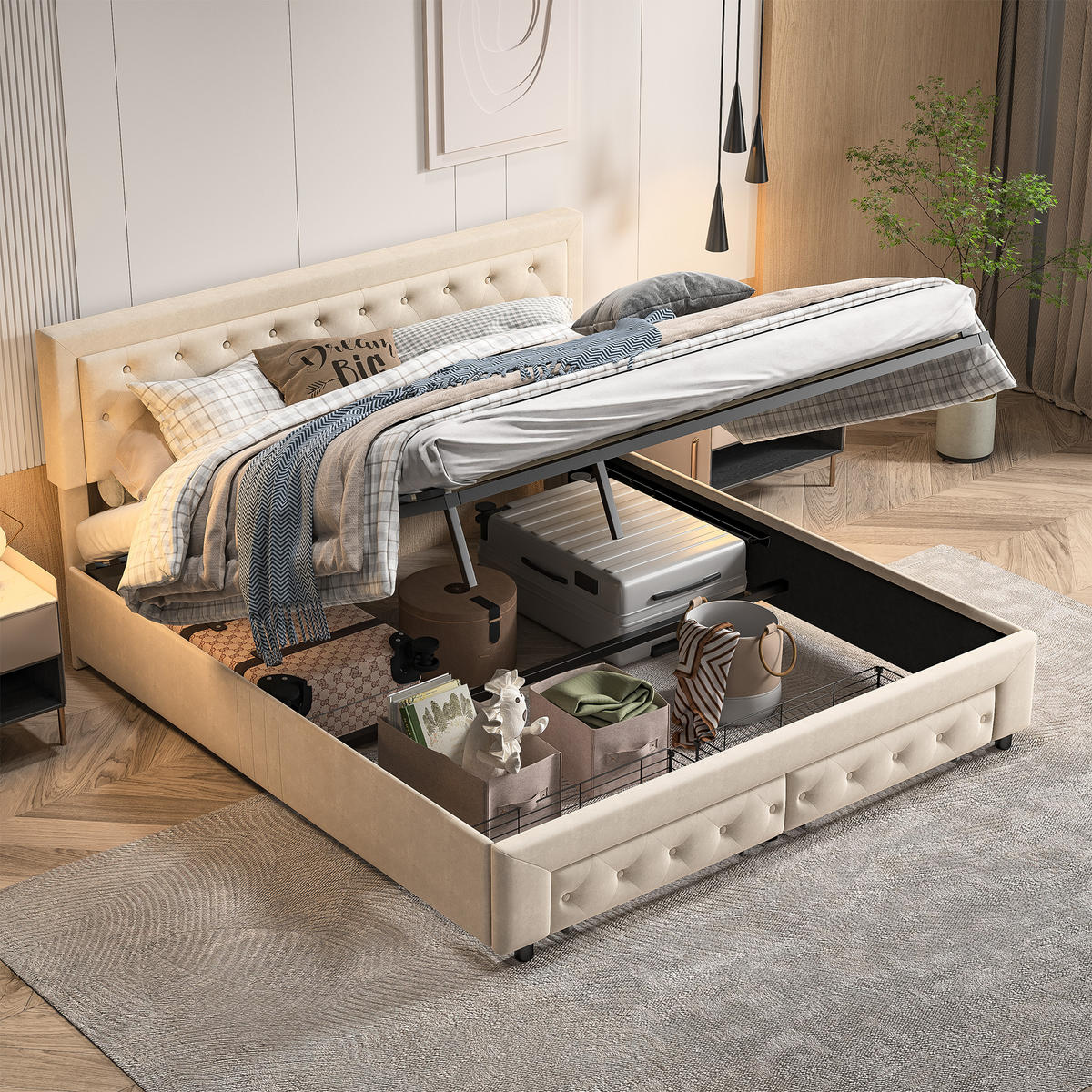 POLSTERBETT 180x200 cm, Beige, Lattenrost und Schubladen - Beige, Textil/Metall (180/200cm)