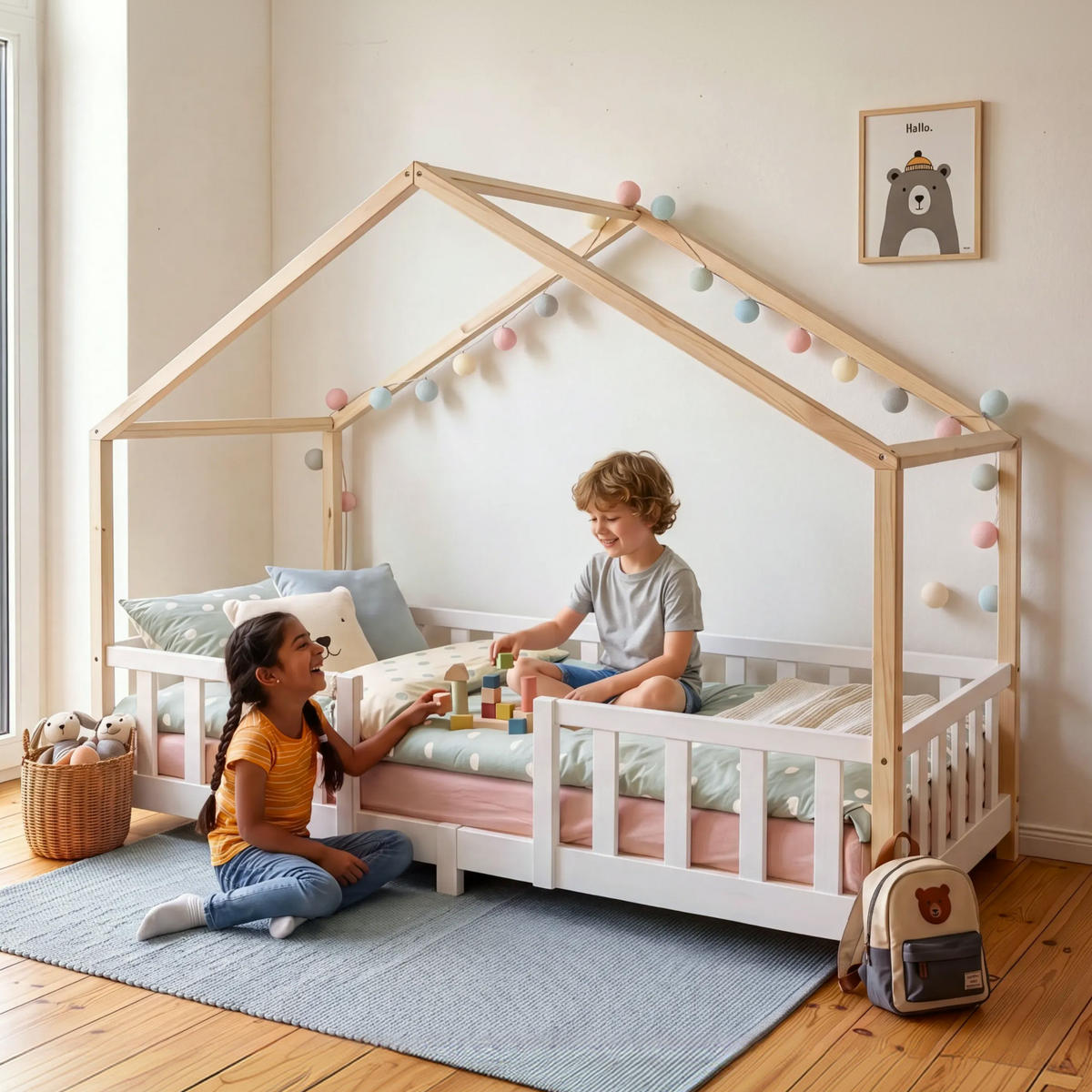 HAUSBETT Treviolo - Weiß/Naturfarben, Holz (90/200cm) - [en.casa]