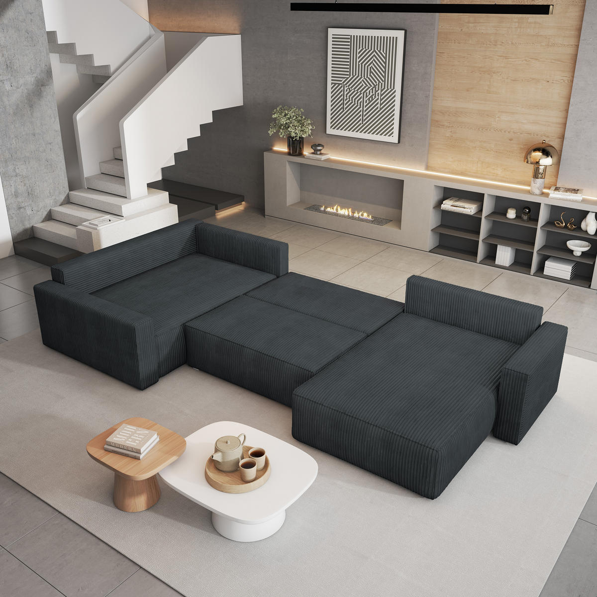 WOHNLANDSCHAFT VELAMI L-S Graphitfarben Kordstoff mit Schlaffunktion - Graphitfarben, Holz (365/83/194cm) - MASSENO