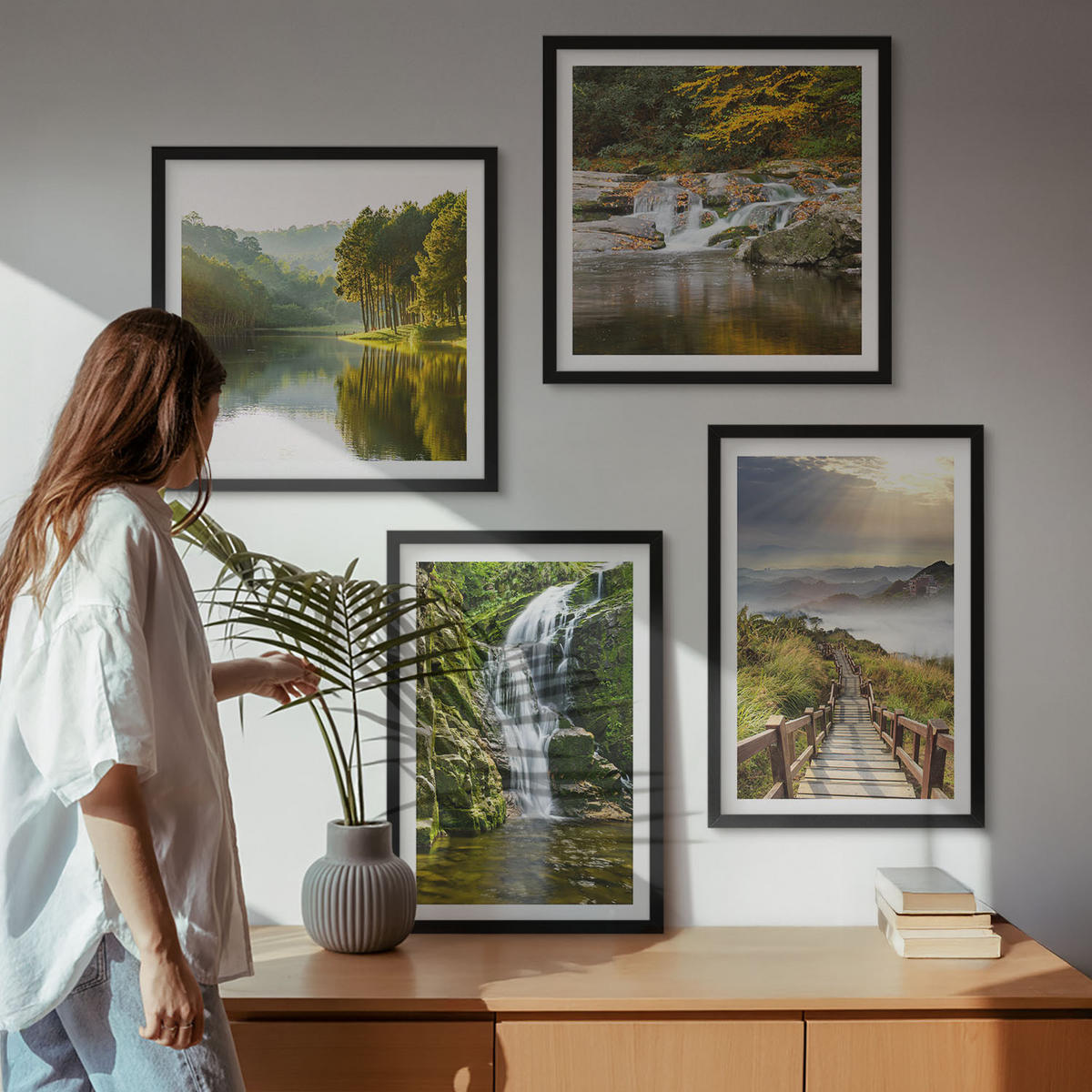 BILDER SET 4er Set - 50x50 cm & 40x60 cm Schwarzer Rahmen - Wasserfälle, Berge, Wolken, Herbst - Schwarz, Kunststoff (50/50cm) - TULUP
