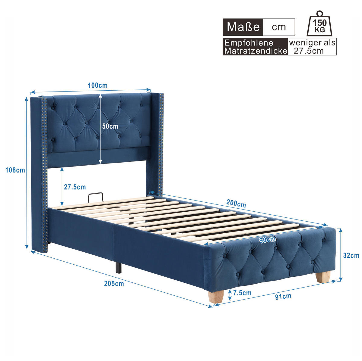 POLSTERBETT 90/200 cm Blau aus Samt mit Lattenrost - Blau, Textil (90/200cm) - OKMYHOME
