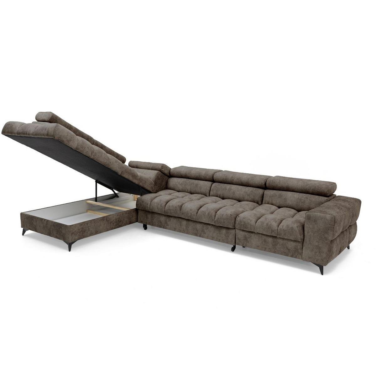 ECKSOFA PUDDING MAXI L Links mit Schlaffunktion 125x195 Velours Braun - Schwarz/Braun, Holz/Textil (350/203cm) - Muffo