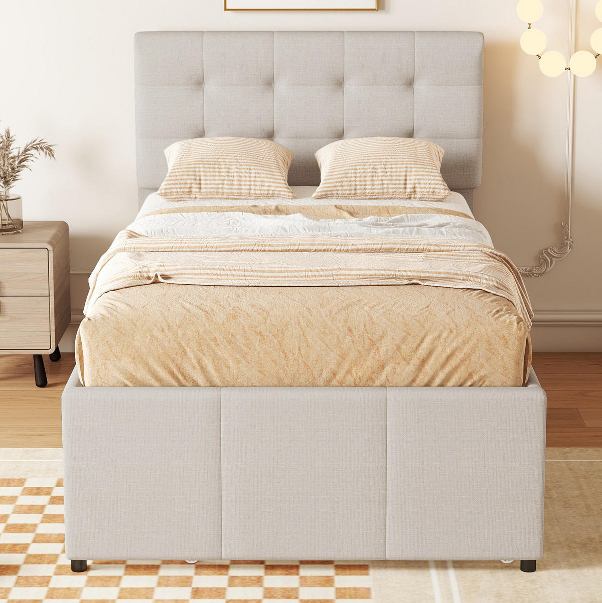 POLSTERBETT 90/200 cm beige mit ausziehbarem Bett und drei Schubladen Ohne Matratze - Beige, Textil (90/200cm) - OKWISH