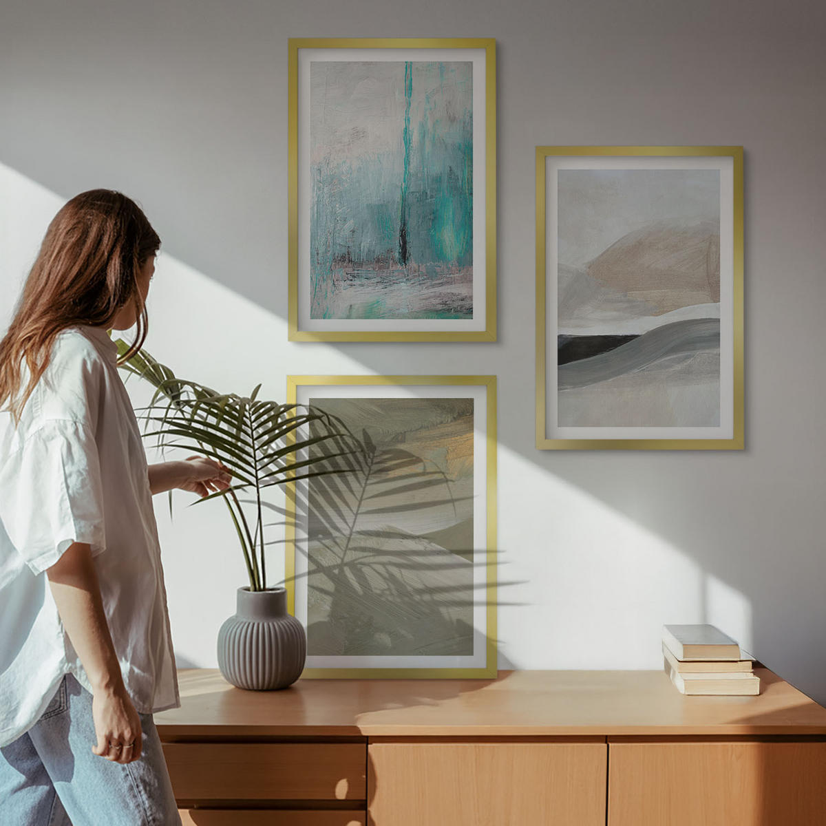 BILDER SET 3er Set - 40x60 cm Goldrahmen - Gemalte abstrakte Dekorationen - Goldfarben, Kunststoff (40/60cm) - TULUP