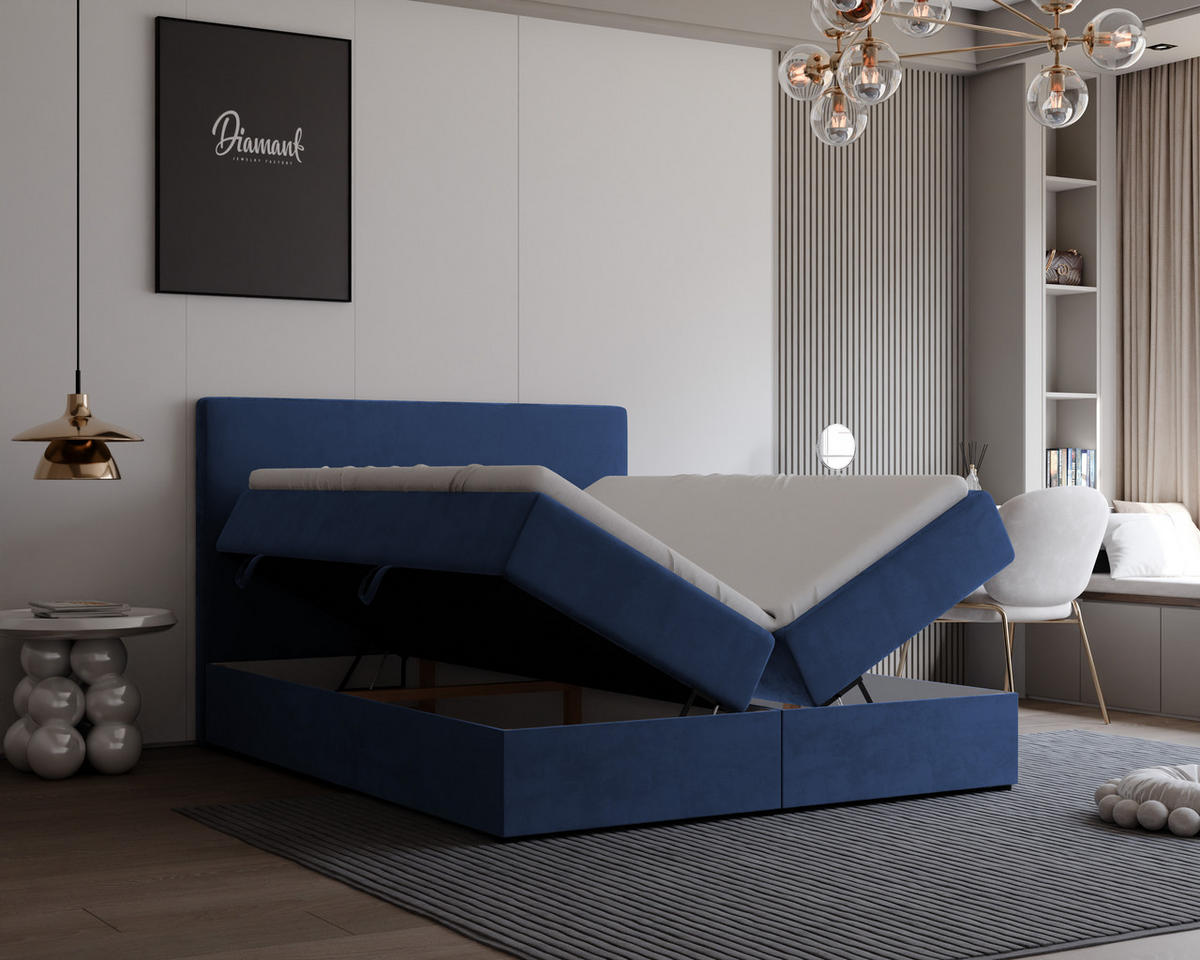BOXBETT GIULIA 160/200 cm mit Matratze und Topper, Marineblau - Dunkelblau, Textil (160/200cm) - Idohome