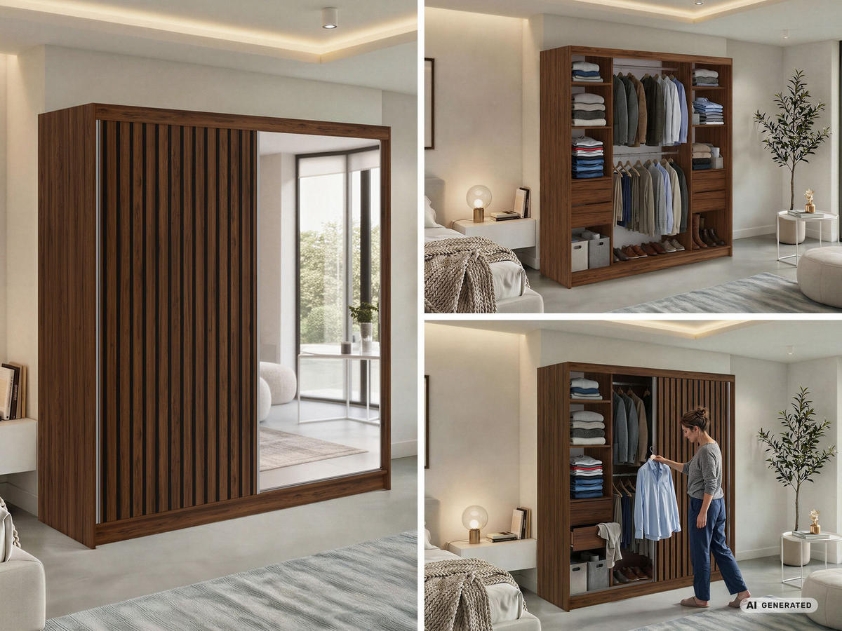 SCHWEBETÜRENSCHRANK mit Spiegel und Schubladen LAOS - 200 - Warmia Walnuss - Schwarz Lamellen - Walnussfarben/Alufarben, Holzwerkstoff/Metall (200/216/61cm) - MKS