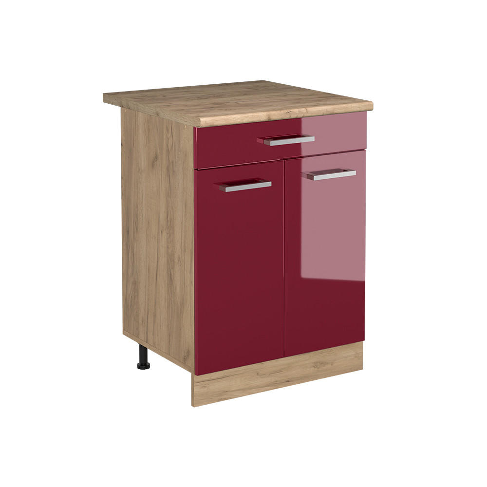 KÖKSUNDERSKÅP R-Line, Röd högblank/Goldkraft ek, 60 cm med låda Auksinis ąžuolas stalviršis Röd, Honungsek 81.6/60/60 cm