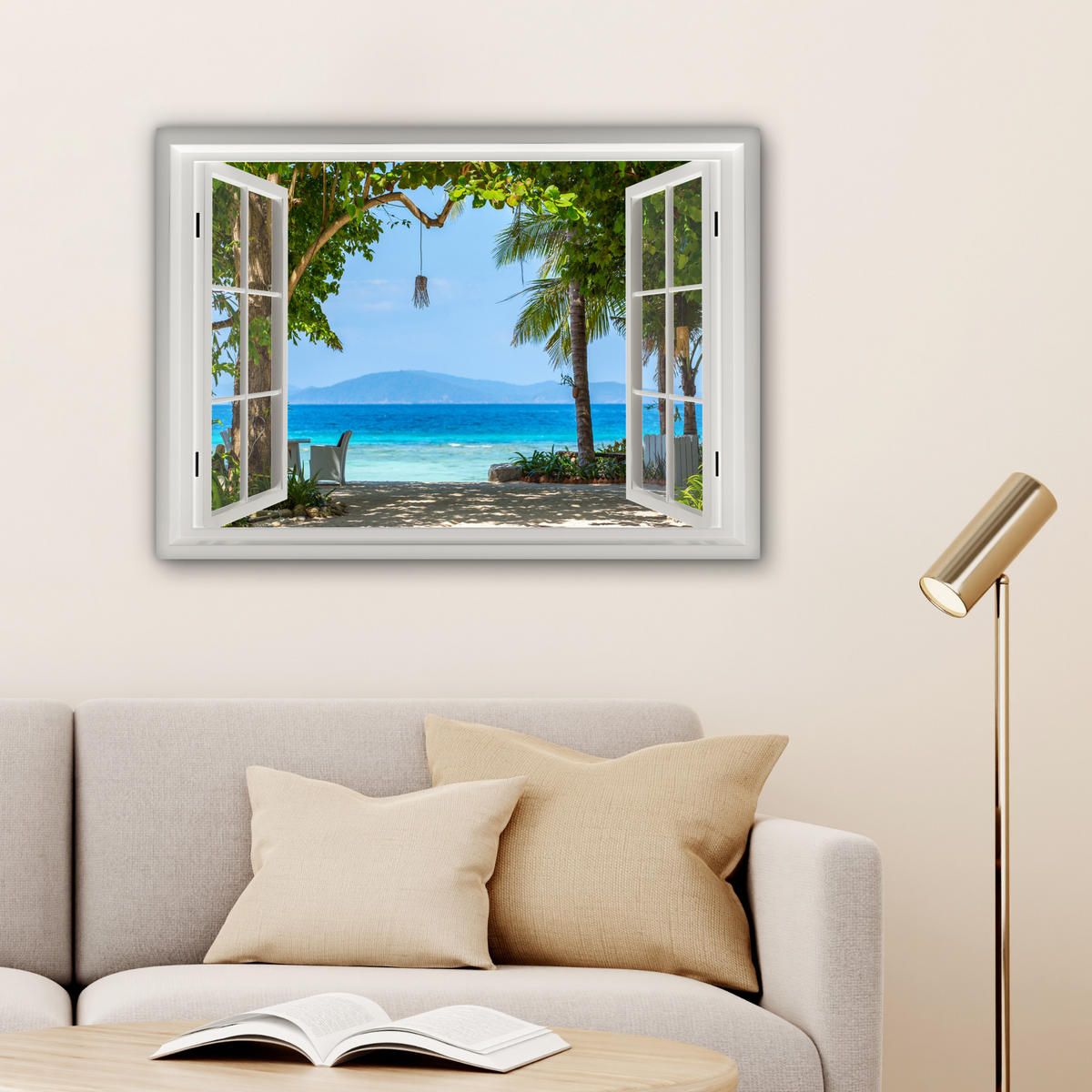 LEINWANDBILD Aussicht - Baum - Meer - Palme - Hügel - Strand - Blau Wandbilder 80x60 cm - Blau, Textil (80/60cm) - MuchoWow