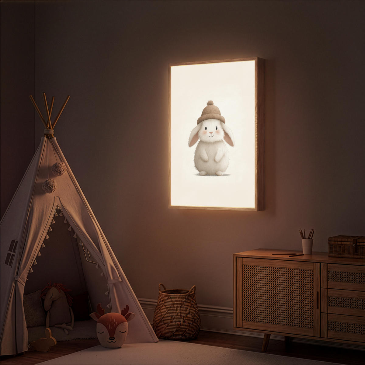 NÁSTĚNNÁ LAMPA S AKUMULÁTOREM Králík - Klobouk - Uši - béžový 70x100 cm - krémová, kompozitní dřevo (70/100/8cm) - OnlyWow