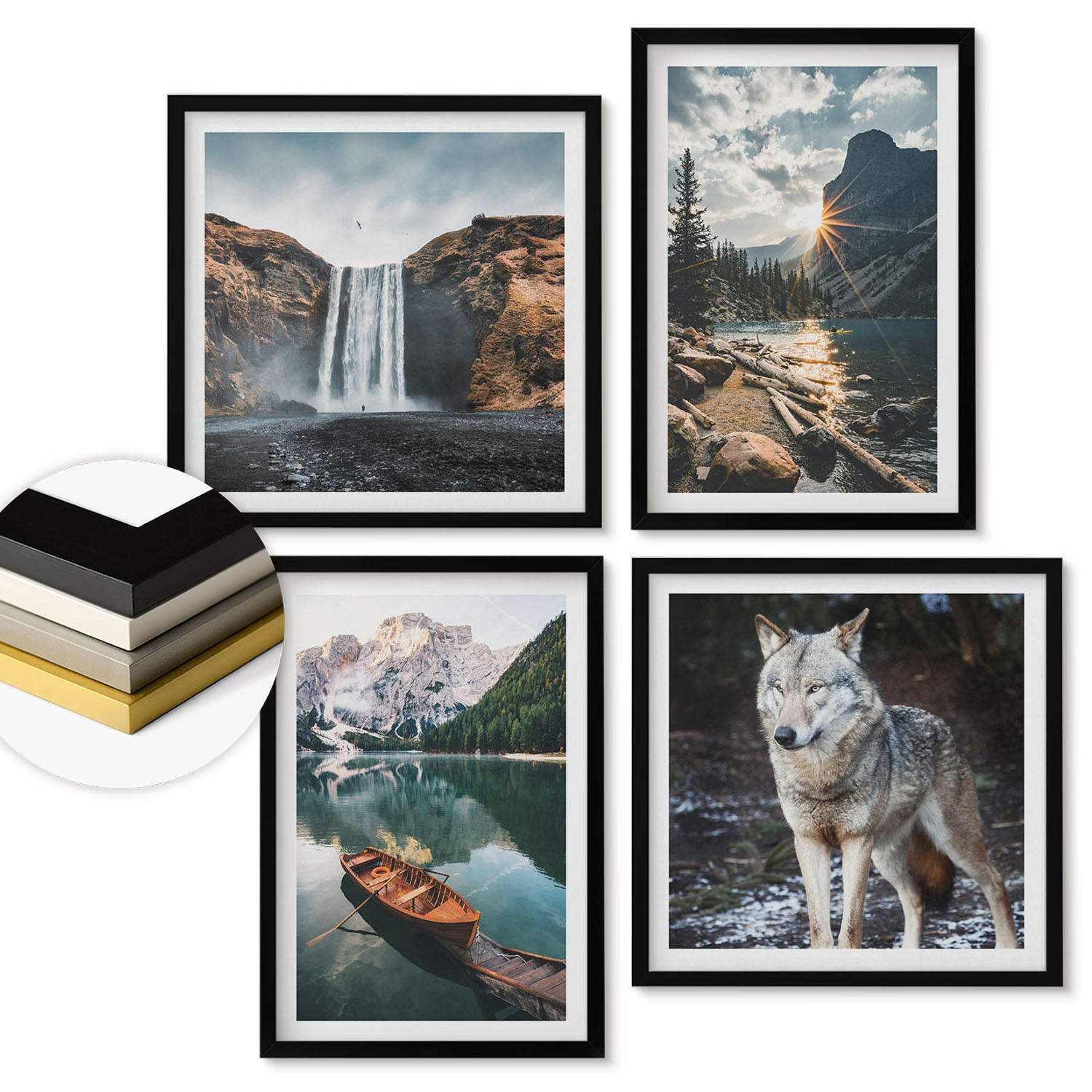 WANDBILDER 4er-Set - 50x50 cm & 40x60 cm Schwarzer Rahmen - Berge, Seen, Wasserfall, Wolf - Schwarz, Kunststoff (50/50cm) - ArtPrintCave