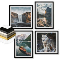 WANDBILDER 4er-Set - 50x50 cm & 40x60 cm Schwarzer Rahmen - Berge, Seen, Wasserfall, Wolf - Schwarz, Kunststoff (50/50cm) - ArtPrintCave