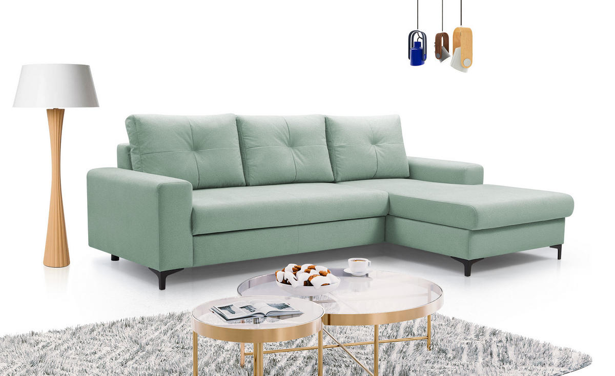 ECKSOFA AVRA L-förmig, mit Stauraumbehälter-in RINO-Stoff, Komfort & Eleganz, lose Rückenkissen, freistehend, RECHTS 251x165x85 cm Turquoise - Türkis, Holz/Textil (251/165cm) - DomoHome