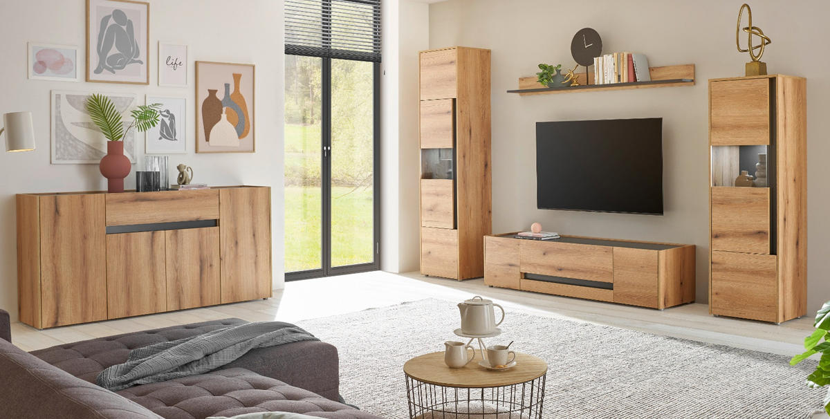 TV-LOWBOARD Eiche Evoke, grau 170 cm, TV-Unterteil mit Doppelschubkasten - Eichefarben/Schwarz, Holzwerkstoff/Kunststoff (170/40/45cm) - Furn.Design