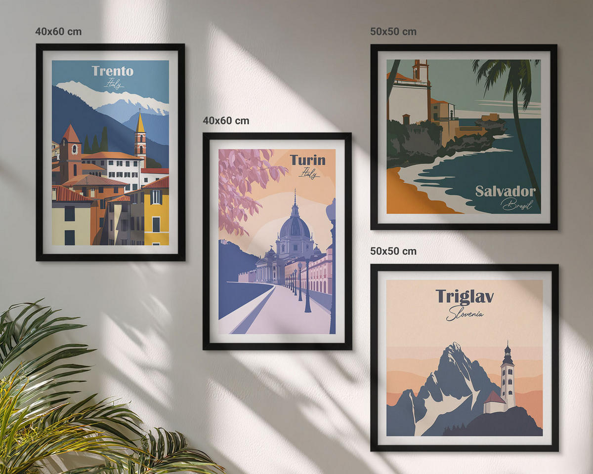 BILDER SET 4er Set - 50x50 cm & 40x60 cm Schwarzer Rahmen - Illustrationen zur Retro-Architektur der Berge - Schwarz, Kunststoff (50/50cm) - TULUP