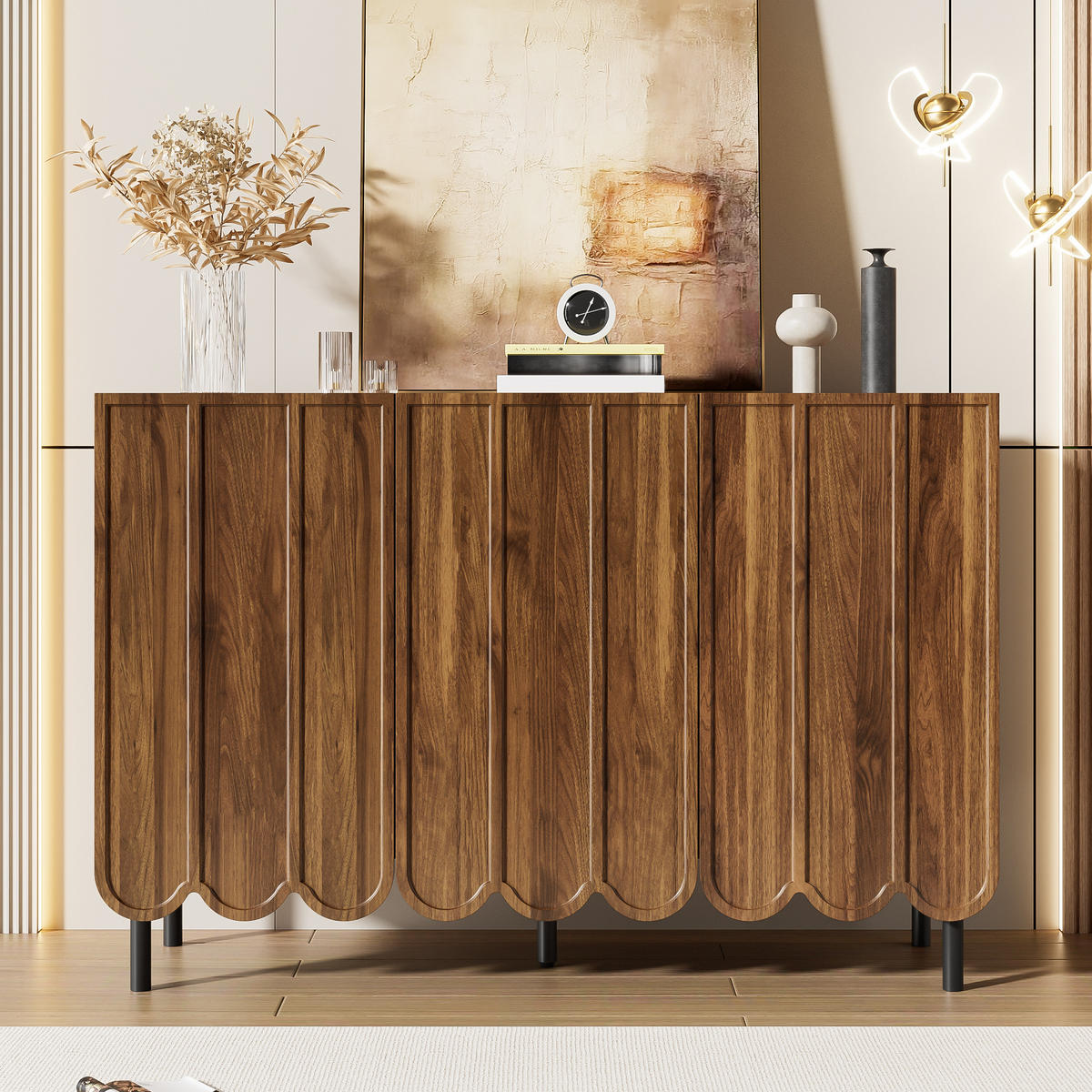 SIDEBOARD aus MDF in Walnussoptik mit Wellentüren und griffloser Rebound-Öffnung, 120/35/80 cm, Walnussoptik - Naturfarben, Holzwerkstoff (35/80/120cm) - Redom
