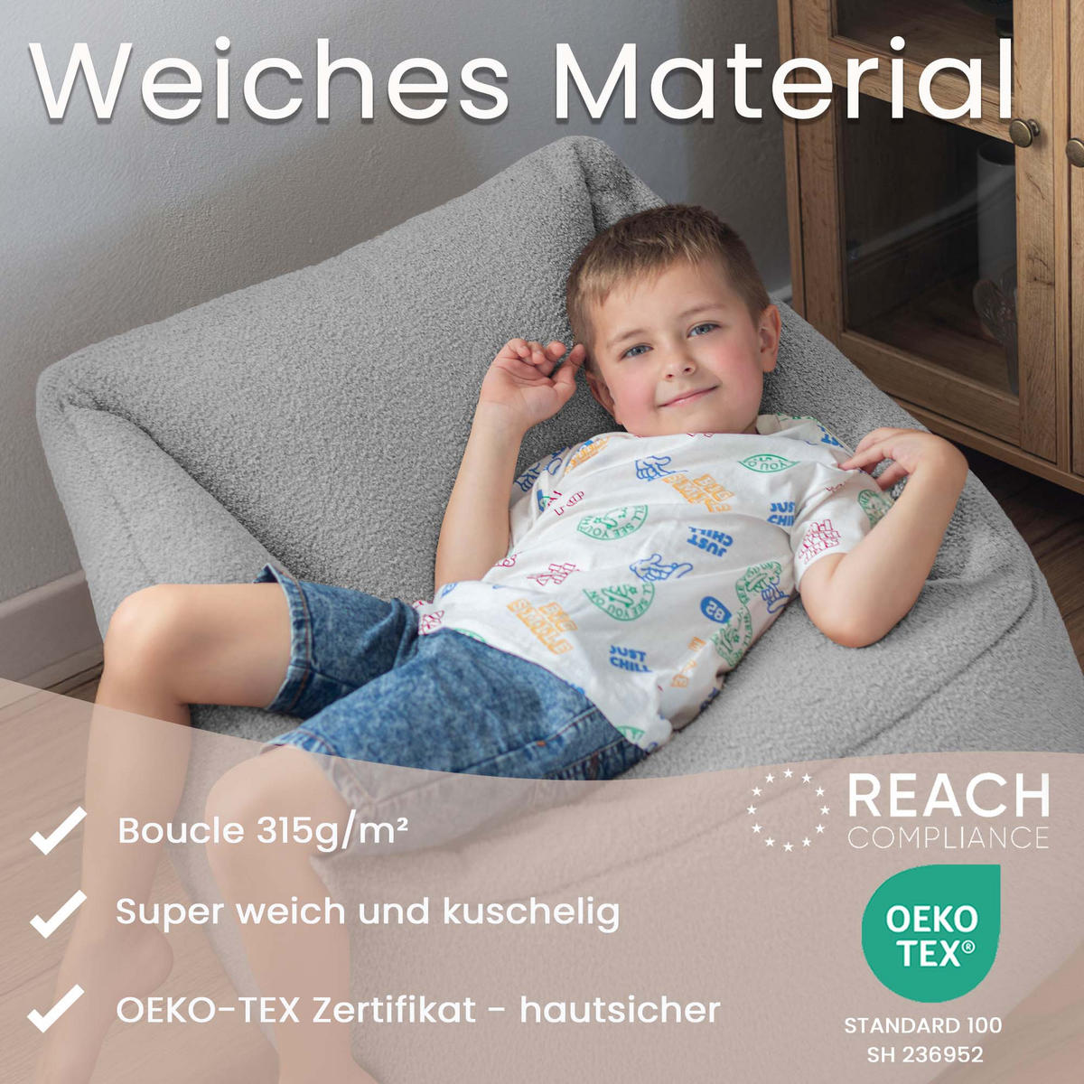 SITZSACK-SESSEL Bambino 55/60/55 cm, weicher Cord 380 g/m², mit Griff & Seitentasche, Hellgrau - Hellgrau, Textil (55/55/60cm) - Dreamroots