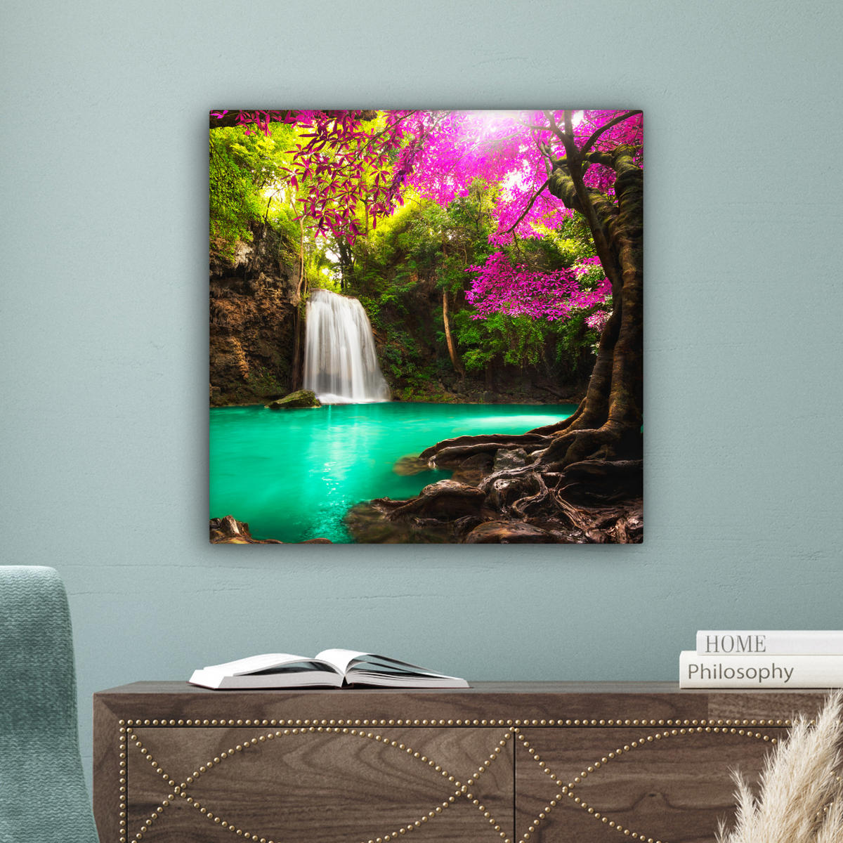 LEINWANDBILD Wasserfall mit bunten Blumen und Bäumen - Natur - Dschungel Wandbild Wohnzimmer 50x50 cm - Waldgrün, Textil (50/50cm) - MuchoWow