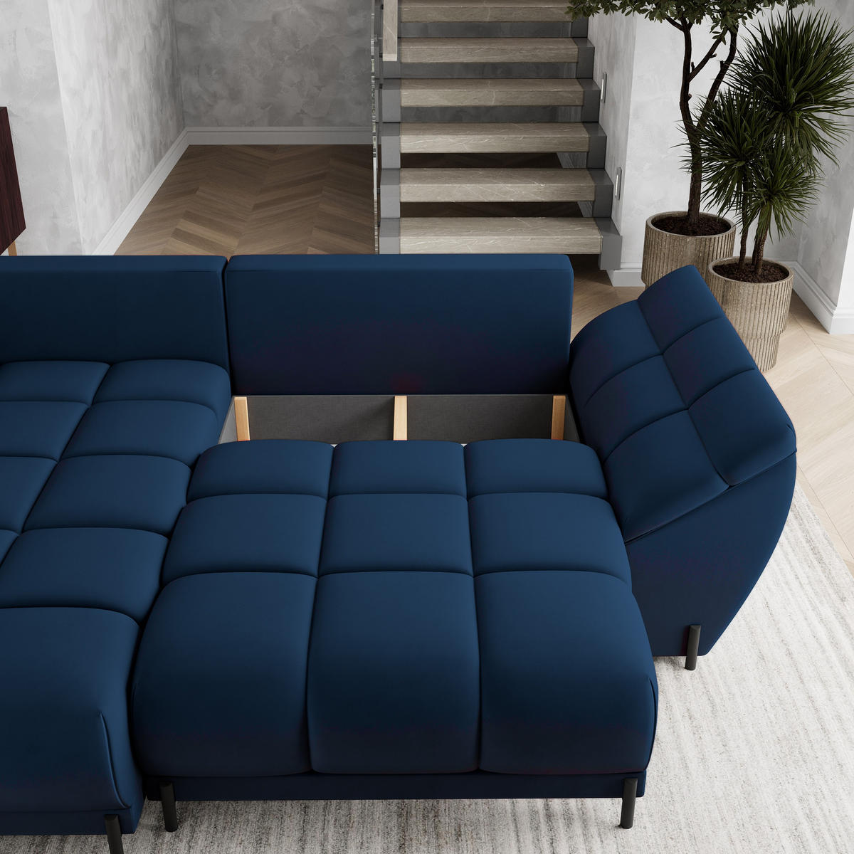 ECKSOFA VESTANO L-S Blau Velours-Stoff mit Schlaffunktion - Blau, Holz (287/182cm) - MASSENO