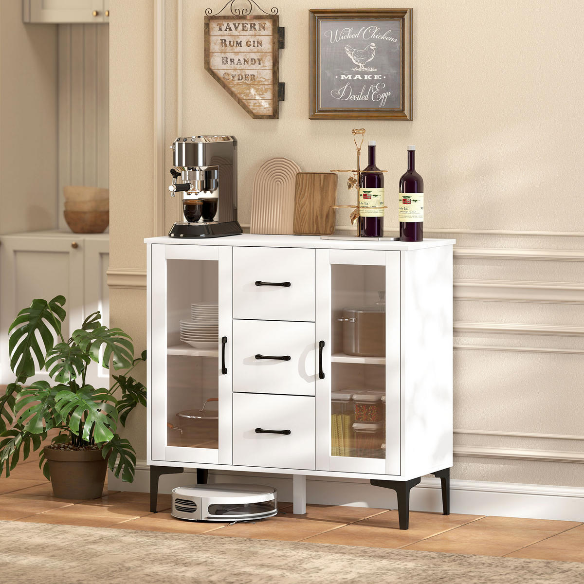 KOMMODE Sideboard mit 3 Schubladen 2 Glastüren verstellbaren Regalen Weiß - Transparent/Schwarz, Holzwerkstoff/Metall (38/86/90cm) - HOMCOM