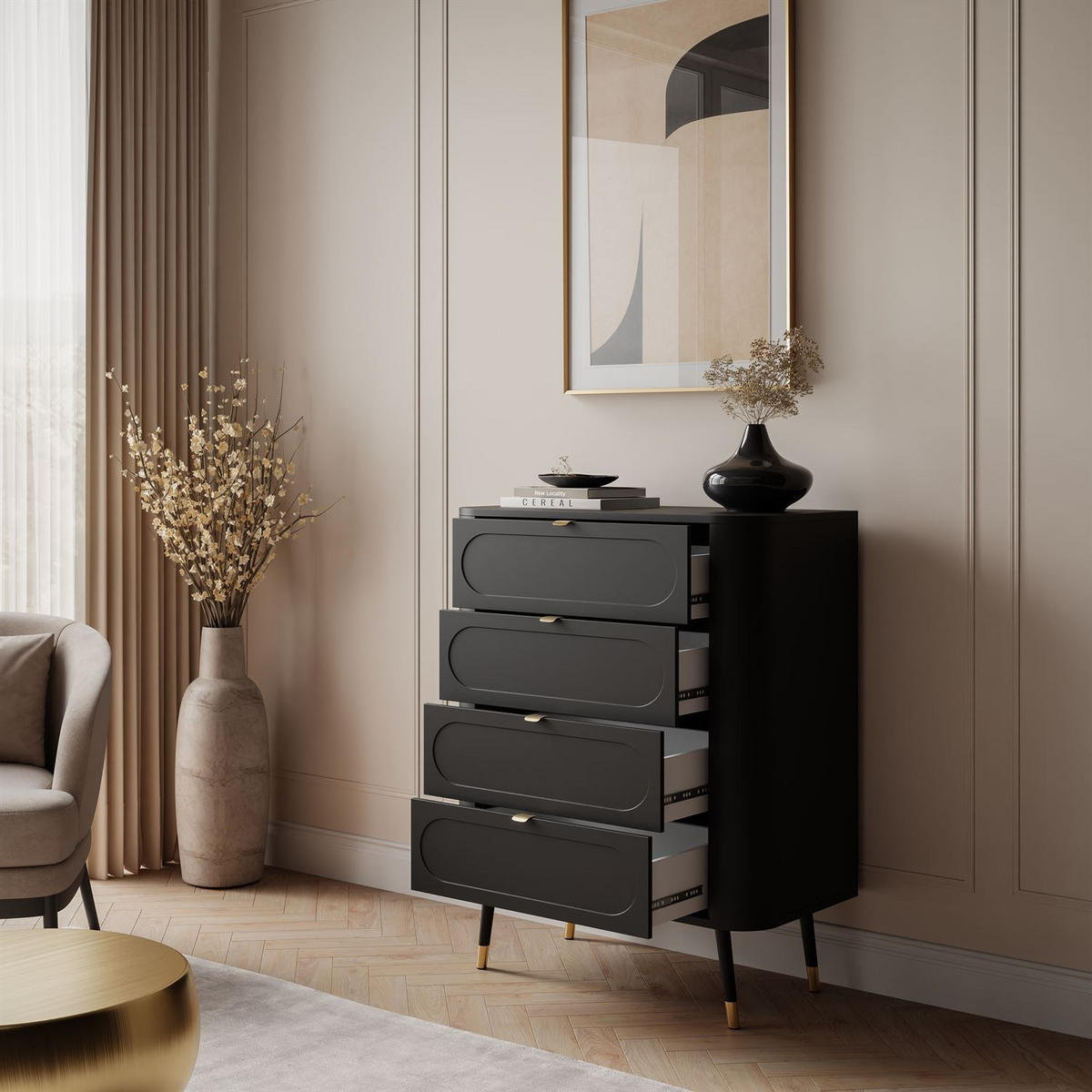 SCHLAFZIMMERKOMMODE SHADOW 4S mit Schubladen - Schwarz, Holzwerkstoff (78/98/40cm) - Lookway