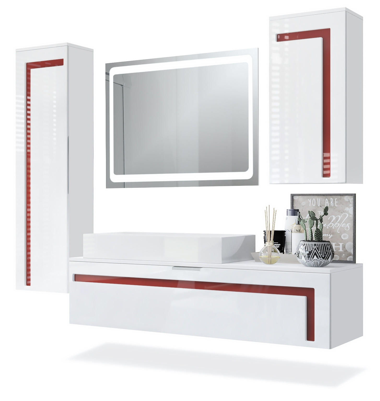 BADMÖBELSET Aloha Absetzungen in Bordeaux Hochglanz - Bordeaux, Holzwerkstoff (210/185/51cm) - Vladon