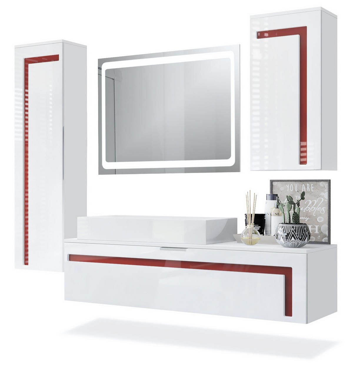 BADMÖBELSET Aloha Absetzungen in Bordeaux Hochglanz - Bordeaux, Holzwerkstoff (210/185/51cm) - Vladon