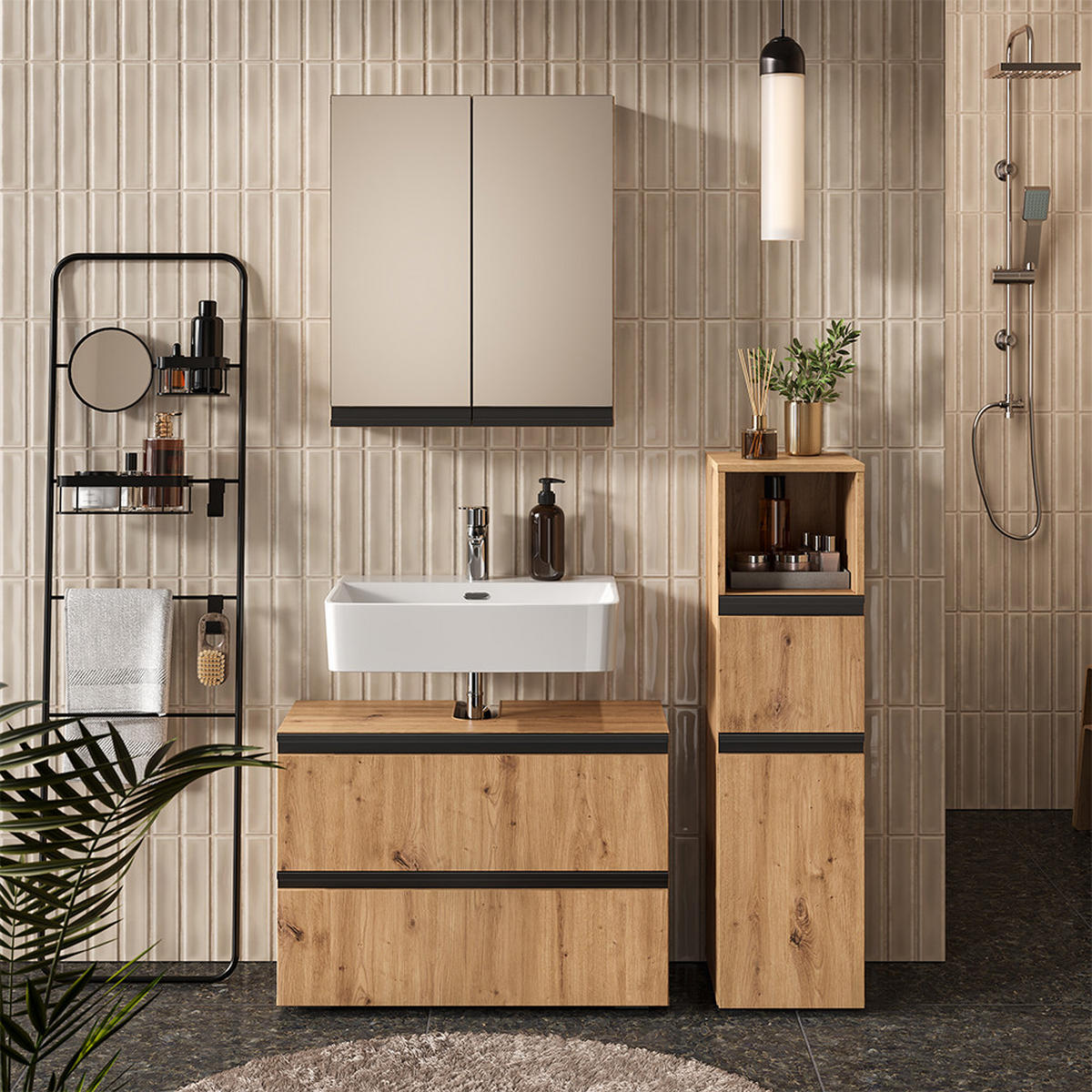 BADMÖBEL-SET Torren Artisan 3 Teile, mit Midischrank - Hellgrau, Holzwerkstoff (80/58/35cm) - Vicco