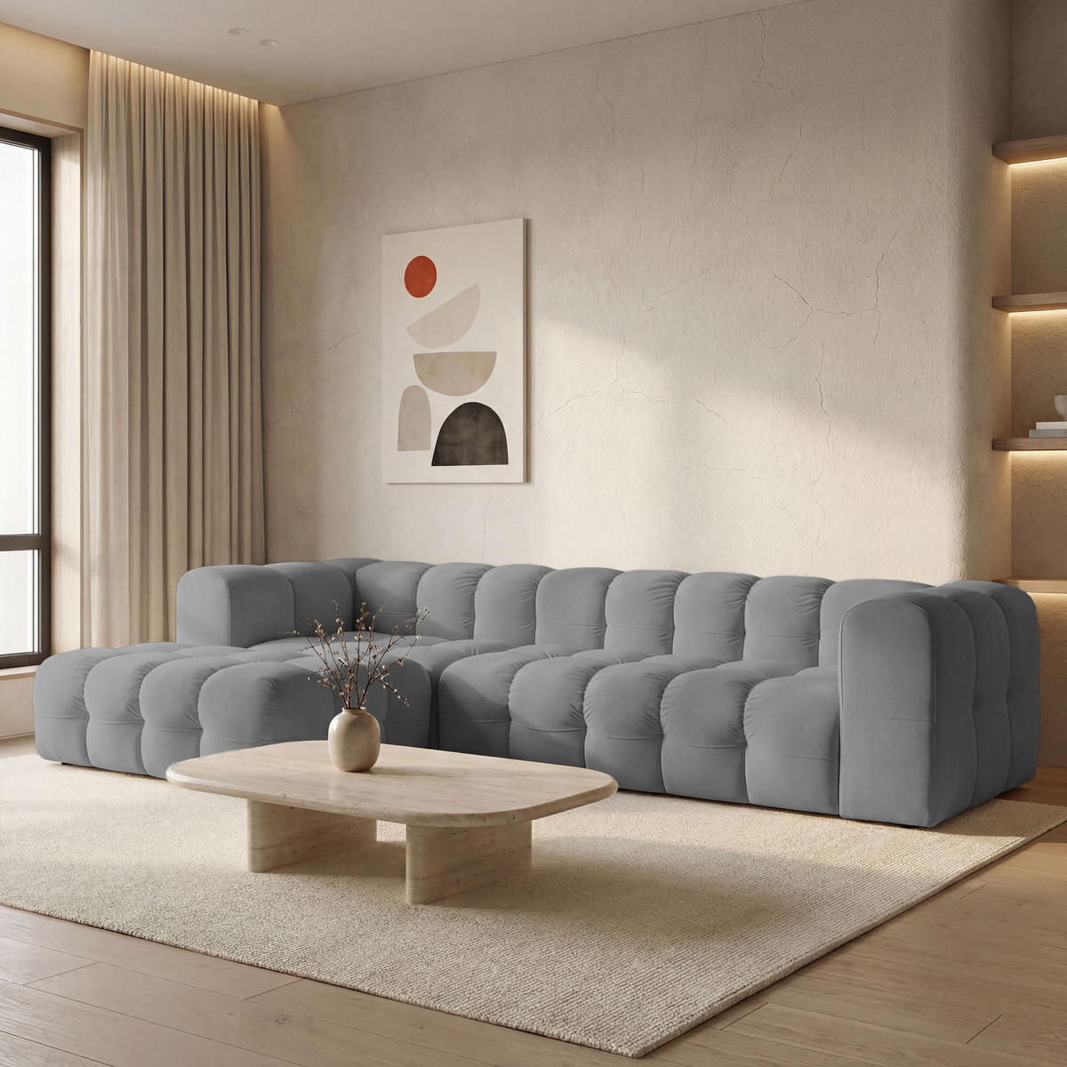 ECKSOFA Mochi L-Form 5-Sitzer Links, Samt, Grau 290/75/193 cm - Schwarz/Grau, Kunststoff/Textil (290/193cm) - WFL GROUP