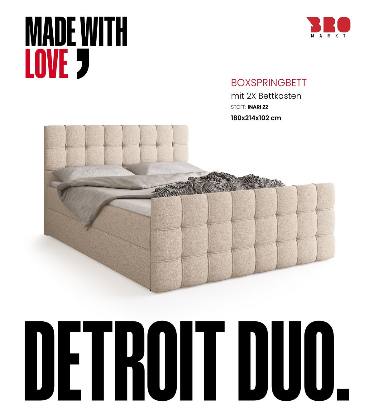 BOXBETT Detroit Duo mit Topper 180/200 Hellbeige - Ecru, Textil (180/200cm) - Bromarkt