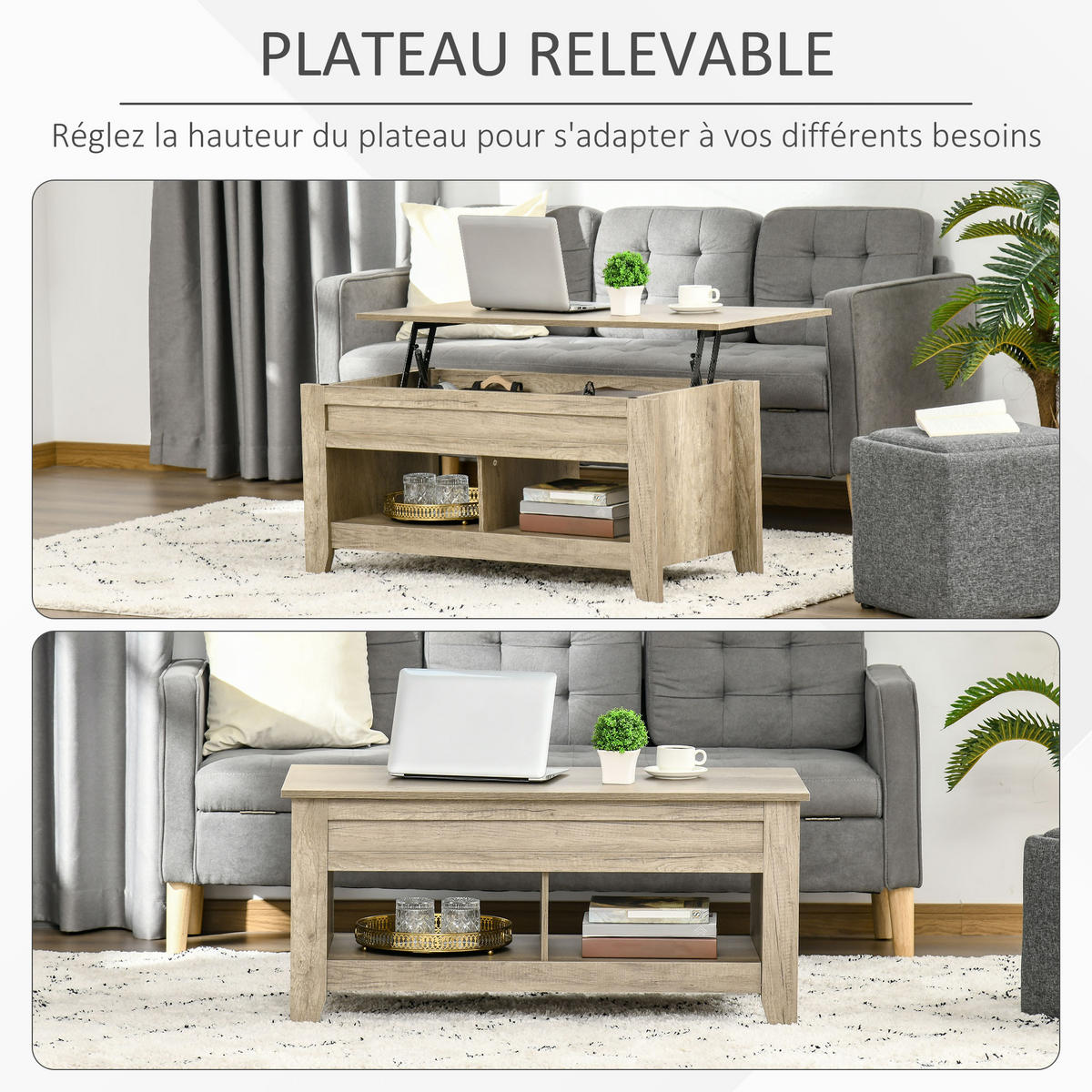 COUCHTISCH DE-15733 klappbare Platte, 105x50x49-62,5 cm Hell Eiche - Eichefarben, Holzwerkstoff (105/74/61.5cm) - ComfortXL